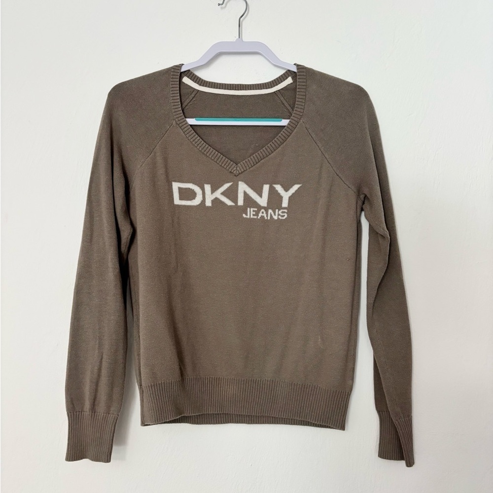 Women's DKNY Jeans Brown V-Neck Sweater S with White Logo